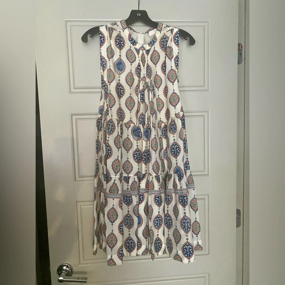 CHLOÉ Tiered Ceramic Print Babydoll Silk Mini Dress Paisley White Blue Sz 42 10 - Picture 8 of 11